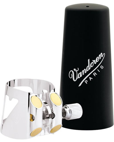 Лигатура и пластиковый колпачок на мундштук Кларнета Bb Vandoren Optimum, посеребренная