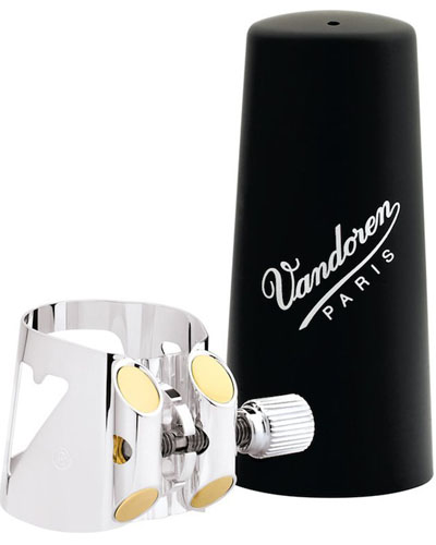 Лигатура и пластиковый колпачок на мундштук Бас-кларнета Bb Vandoren Optimum, посеребренная